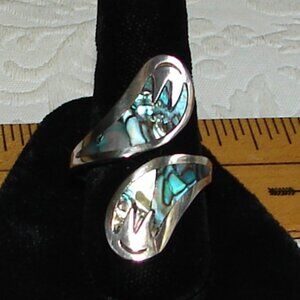 Vtg 70's Abalone Inlay Silver Wrap Around RING, Size 8, Taxco Mexico, Wings D80